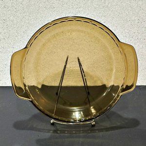 Smokey Brown 9" Glass Pie Pan Deep Dish Scalloped Edge Handles Vintage Lovenware
